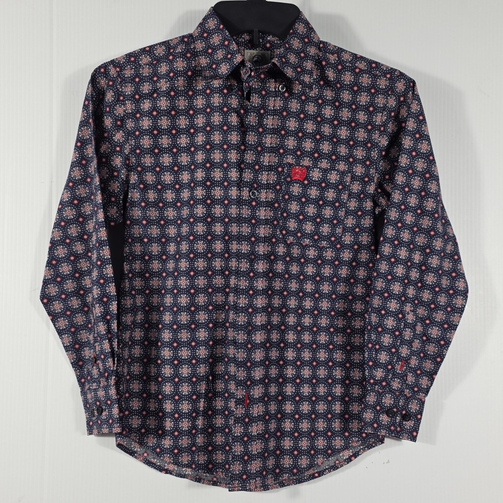 Cinch Boys Small 6-8 Long Sleeve Western Button Down Shirt Navy Red Medallion
